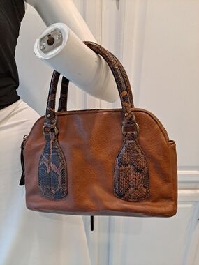 Time and Tru Palms Brown Satchel with Snakeskin-Accent Handles Faux Leather